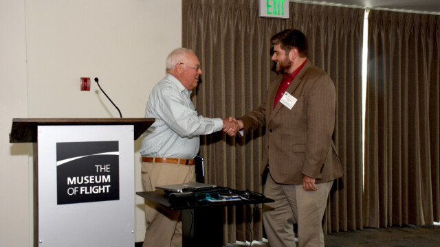 Bob Bogash, retired Boeing Quality and Field Service engineer, is being thanked by Kevin Welch, Event Chairman, for being a surprise speaker at the end of the first session. Bob now volunteers at the Museum of Flight and completed the acquisition of many airplanes for the Museum's collection, including the prototype 737, PA099. His talk was on the 50 year history of the 737 program and about how he acquired PA099 for the Museum.