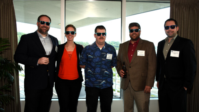 The Seattle SFTE members who made the event happen, sporting the sunglasses handed out as door prizes. From left to right: Noah Aaron, Seattle SFTE President; Jennifer Boyles, Seattle SFTE Secretary; Tom Osmundson, Seattle SFTE Treasurer; Kevin Welch, SFTE International Board of Directors and 50th Anniversary Event Chairman; Andy Rauschenberg, Seattle SFTE Member.