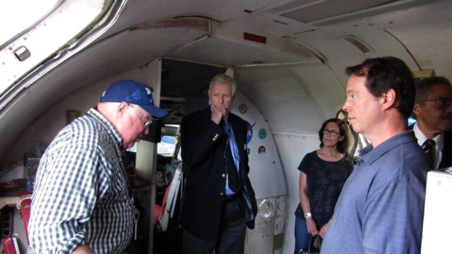 Bob Bogash (left) tells flight test stories to the public on PA099, the prototype 737, during the Saturday Celebration Event.